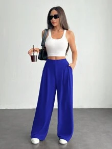 SHEIN PETITE Women's Solid Color Simple Daily Basic Pants ,Petite Women - Royal Blue - View 4