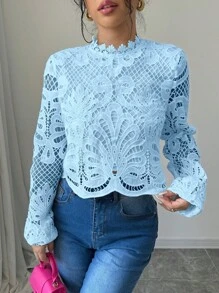 Elenzga Elegant Solid Color Lace Long Sleeve Cropped Shirt Fall Cloth For Women