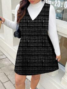 SHEIN Frenchy Plus Size Casual Minimalist Textured Print V-Neck Jumpsuit Dress - Multicolor - View 1