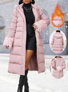 SHEIN Lady Chaqueta acolchada de algodón rosa para mujer con diseño de parches acolchados esponjosos, elegante, cálida y cortavientos. Chaqueta acolchada de invierno para mujer, ropa de mujer, abrigo de mujer. - Rosa - Ver 1