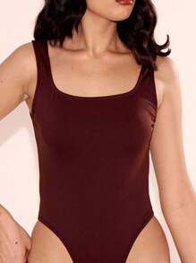 MUSERA 方领修身连体衣，休闲春夏度假派对优雅时尚 - 咖啡棕 - 查看 5