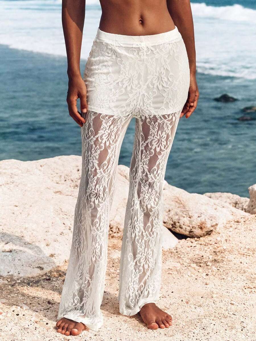 Opulessa 女士高腰喇叭针织蕾丝裤，适合度假 - 白色 - 查看 1