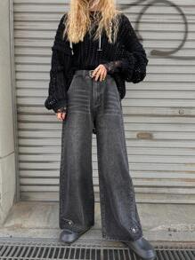 FRIFUL Women's Casual Distressed Wide Leg Jeans