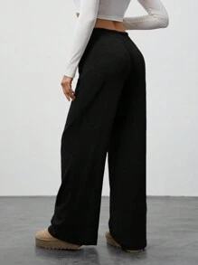 SHEIN Tall 秋季女装、阔腿运动裤、卡其色、低腰裤、舒适裤、休闲裤、宽松裤、女式裤子、棕色裤子、女式下装、街头服饰、冬装 - 黑色 - 查看 2