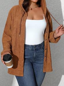 INAWLY Chaqueta con capucha y cordón ajustable de unicolor texturizado, informal, para otoño, talla grande - Caqui - Ver 4