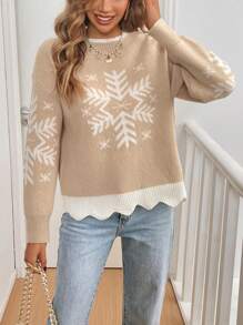 SHEIN Frenchy 女士圣诞撞色雪花图案长袖保暖拉绒针织毛衣，秋冬季，波浪形滚边撞色下摆，感恩节、圣诞节毛衣，家庭装，休闲服饰 - 杏色 - 查看 4