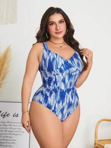 SHEIN Swim Lushore Đồ bơi một mảnh in họa tiết chéo nhiều màu nhuộm loang cỡ lớn cho nữ, thích hợp mặc hàng ngày, kỳ nghỉ hè, bãi biển, hồ bơi - Nhiều màu - Xem 3
