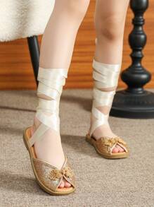 Giày Sandal Vàng Cho Bé Gái, Giày Sandal Mùa Hè Cho Trẻ Em, Giày Sandal Đế Bằng Buộc Dây Cho Trẻ Em - Vàng - Xem 5