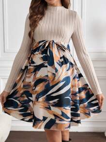 SHEIN Robe de maternité courte avec col montant, manches longues, finition nouée, en couleur unie pour femmes enceintes - Nude - Voir 3