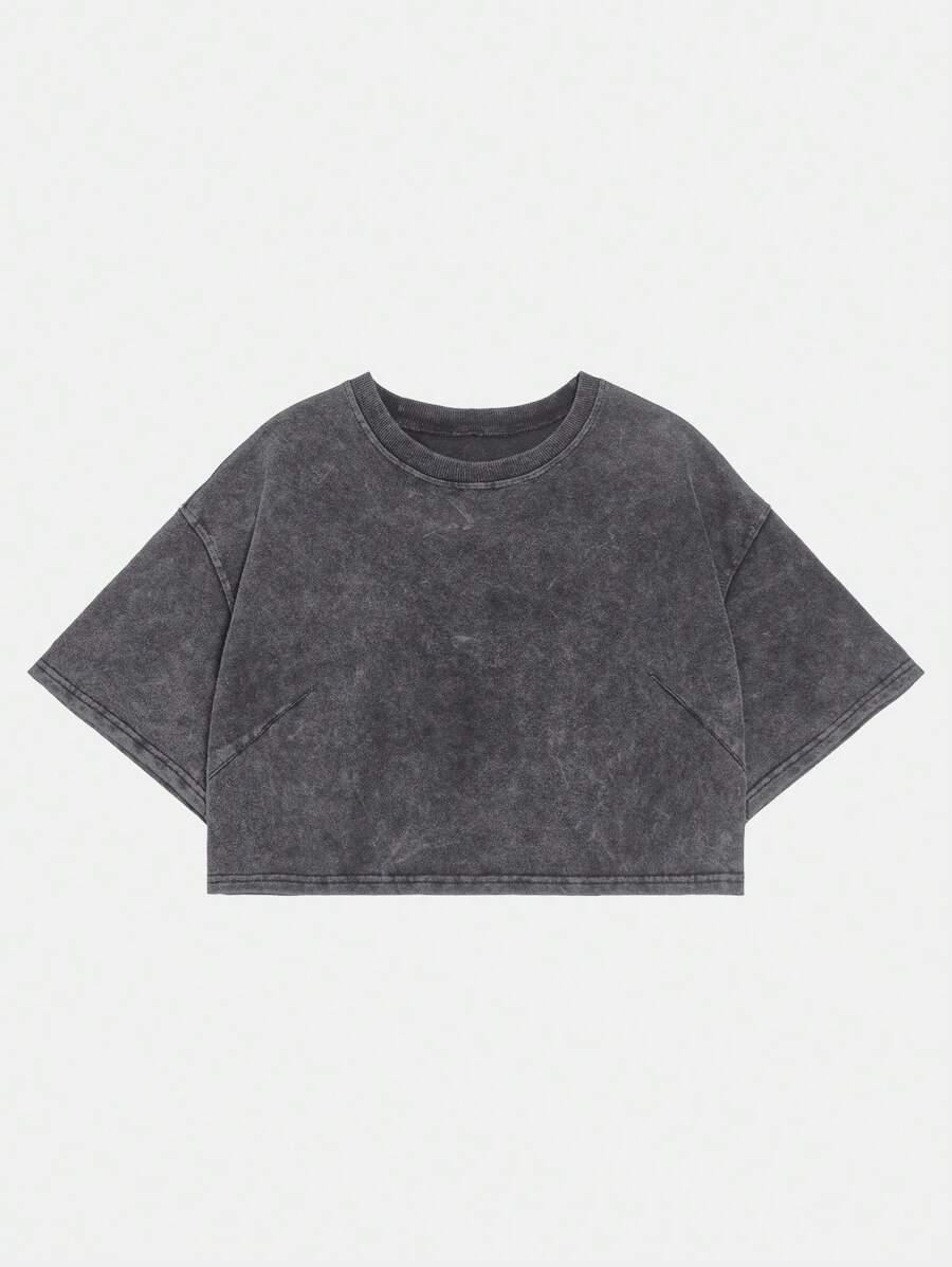 SHEIN Coolane Cotton Casual Short Sleeve Cropped T-Shirt - Grey - View 1