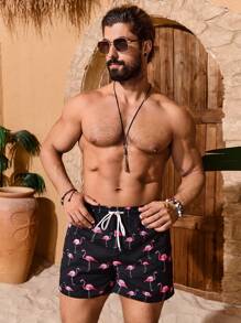 Palasendo 男士火烈鸟印花抽绳腰沙滩短裤，夏威夷风情 - 黑色 - 查看 5