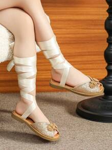 Giày Sandal Vàng Cho Bé Gái, Giày Sandal Mùa Hè Cho Trẻ Em, Giày Sandal Đế Bằng Buộc Dây Cho Trẻ Em - Vàng - Xem 3
