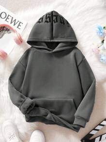 SHEIN Tween Girl 2024 Autumn/Winter New Back Letter Embroidery Sweatshirt - Grey - View 3