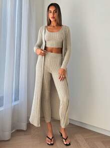 SHEIN Essnce 女式纯色长袖罗纹长开衫搭配短裤和背心三件套秋冬季 - 米色 - 查看 4