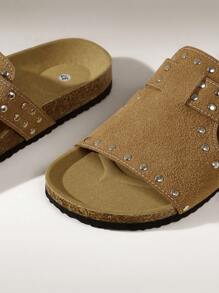 Solecia 女士新款棕色铆钉装饰轻便奢华时尚百搭软木底系带拖鞋，适合户外海滩复古波西米亚风格休闲度假平底凉鞋 - 棕色 - 查看 4