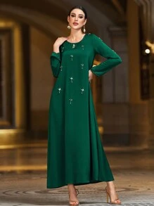 Layrah 女式手工缎面阿拉伯连衣裙，镶嵌水晶钻，橄榄绿色，带金色闪光，朴素的卡夫坦 - 墨綠色 - 查看 3