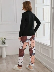 RueChic 2Pcs Viscose  Button Front Shirt And Cute Animal Printed Sleep Bottom PJ Set - Multicolor - View 2