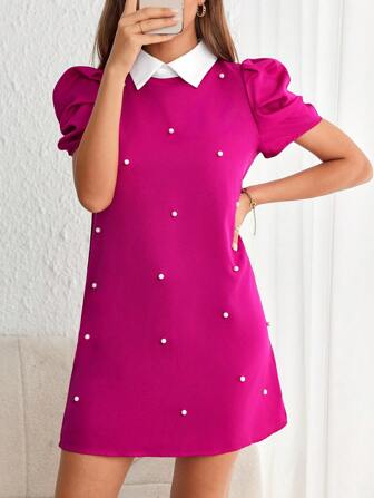 SHEIN Privé 珍珠串珠拼接領泡泡袖洋裝