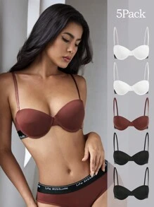 EasyFave 5pcs Women Non-Removable Padded Half Cup Underwire Bra Set - Multicolor - View 1