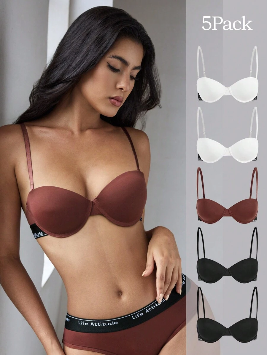 EasyFave 5pcs Women Non-Removable Padded Half Cup Underwire Bra Set - Multicolor - View 1