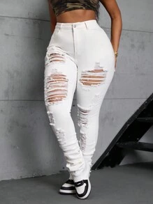 Plus Size Women Stretch Denim Skinny Ankle Length White Jeans - White - View 4