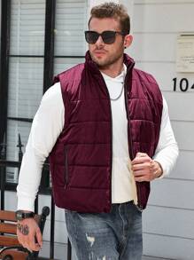 Manfinity Homme Plus Size Men's Solid Stand Collar Sleeveless Winter Jacket - Burgundy - View 6