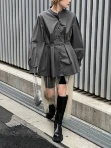 FRIFUL 女式超大荷叶边拼布长袖衬衫