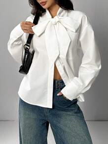 Muchica 女士纯色系带领落肩长袖休闲衬衫秋季 - 白色 - 查看 1