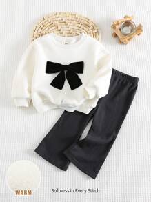 Cozy Pixies 2 Stück/Set Baby Mädchen Farbblock Schleife Dekor Rundhals Dropped Shoulder Sweatshirt und Hose mit elastischem Bund und ausgestelltem Bein - Verschiedenfarbig - Übersicht 1