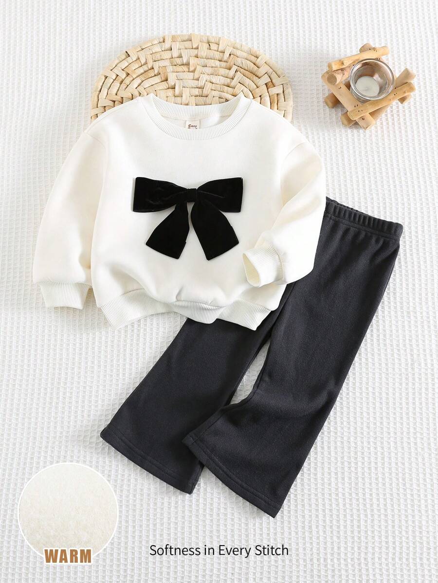 Cozy Pixies 2 Stück/Set Baby Mädchen Farbblock Schleife Dekor Rundhals Dropped Shoulder Sweatshirt und Hose mit elastischem Bund und ausgestelltem Bein - Verschiedenfarbig - Übersicht 1