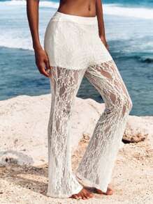 Opulessa 女士高腰喇叭针织蕾丝裤，适合度假 - 白色 - 查看 6