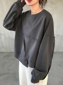 FRIFUL 女士休闲落肩长袖圆领宽松 T 恤，纯色，秋季 - 灰色 - 查看 1