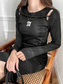 FRIFUL Rochie de damă cu imprimeu floral și mânecă lungă, casual, de lungime medie, cu umeri decupați, haine de toamnă - Negru - Vizualizare 6