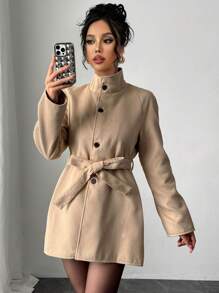 Firerie 优雅奢华感极简卡其色宽松立领双面大衣，中长款配腰带，女士，2024 年秋冬 - 卡其色 - 查看 7