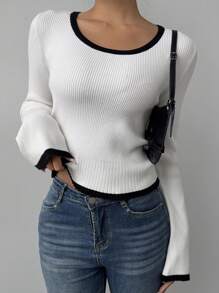 SHEIN BASICS Women's Casual Fitted Long Sleeve Contrast Color Trim Sweater - White - View 4