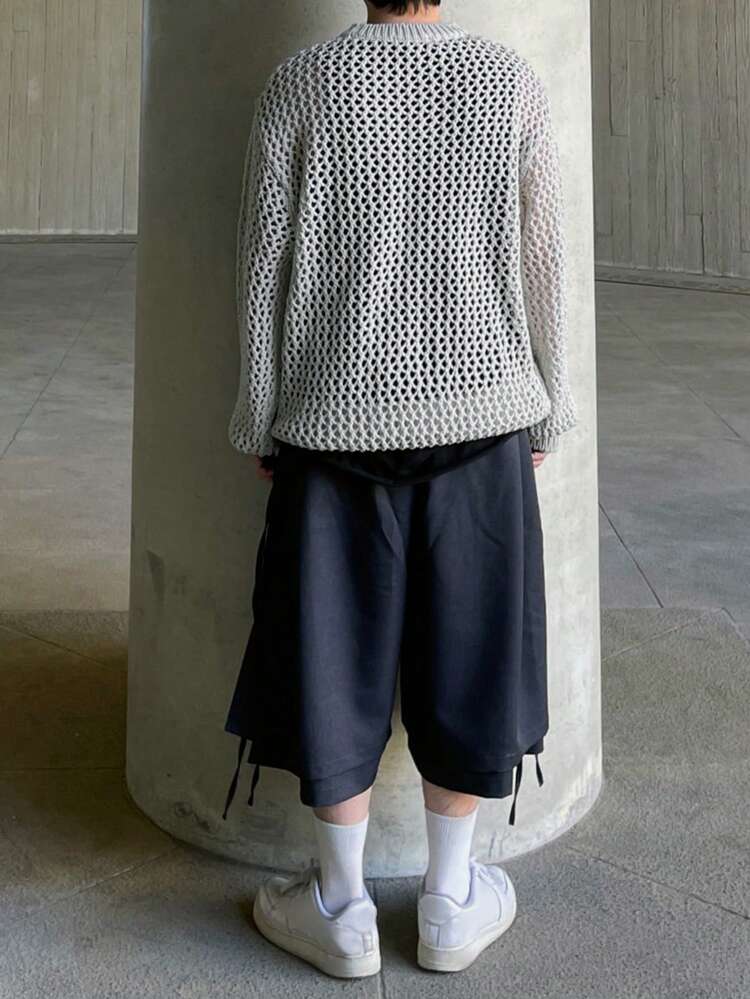 Men's Star Mesh Hollow Out Long Sleeve T-Shirt, Minimalist Fashion Casual For Everyday,Fall Clothes