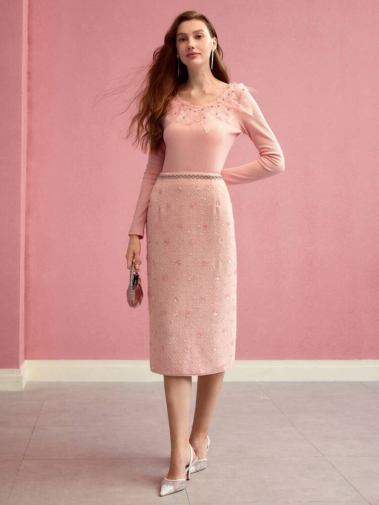 SEQUIN FLORAL SPLIT HEM SKIRT