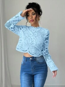 Elenzga Elegant Solid Color Lace Long Sleeve Cropped Shirt Fall Cloth For Women