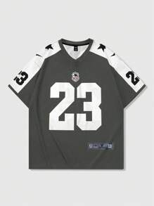 ROMWE MEN Prep 男士球衣号码印花短袖 T 恤，适合春夏季 - 灰色 - 查看 1