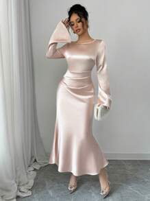 Elenzga Women's Solid Color Round Neck Long Sleeve Ruched Waist Maxi Elegant Dress