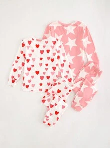 Cozy Pixies 少女四件套舒适睡衣套装，心形图案针织柔软圆领长袖上衣和松紧腰长裤