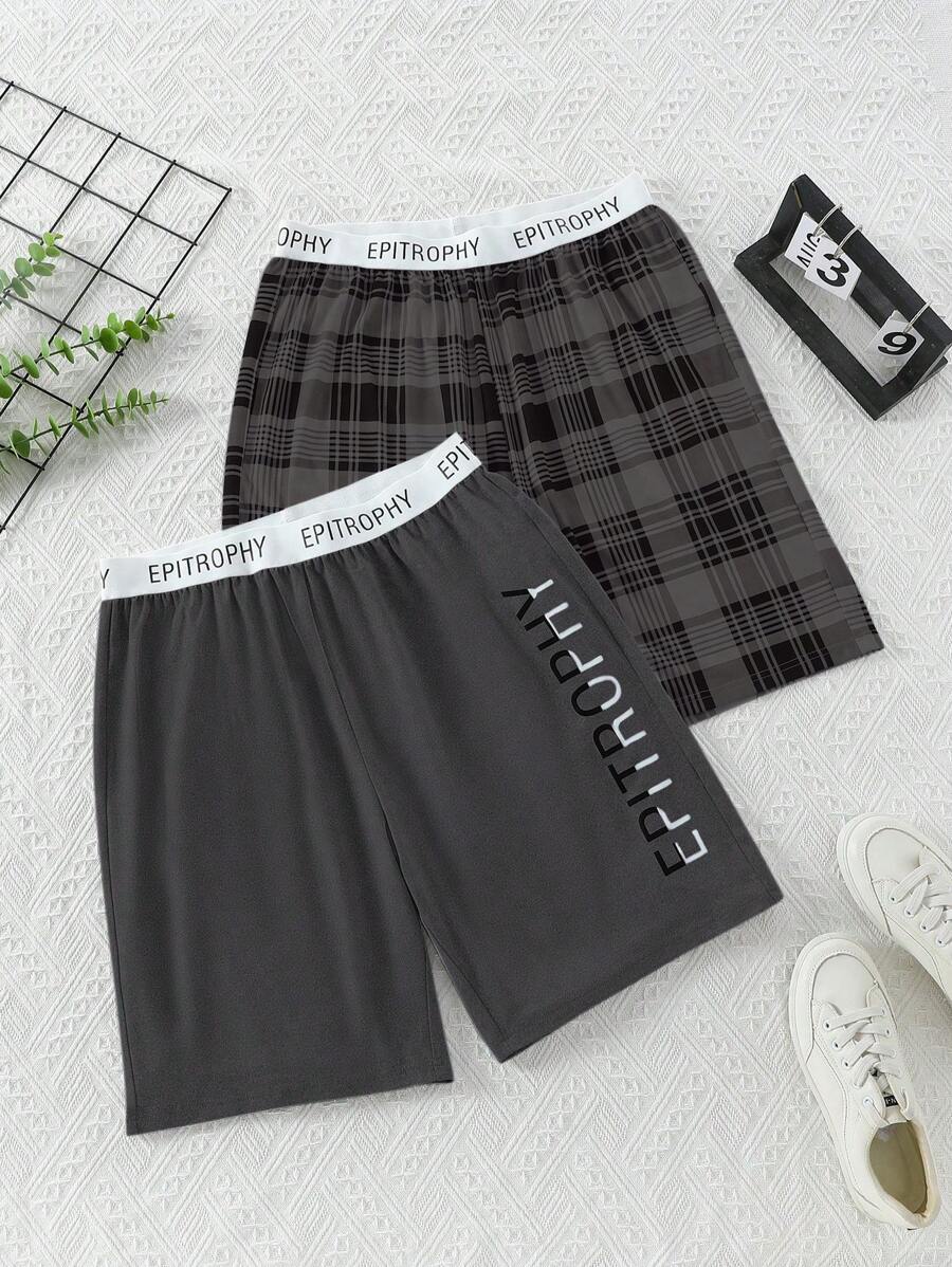 2pcs/Set Men's Letter & Plaid Print Home Shorts Sleep Shorts - Multicolor - View 1