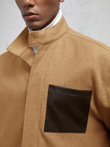 AKNOTIC Business Casual Men's Loose Fit Raglan Splice Colorblock Casual Stand Collar Long Sleeve Short Cashmere Cardigan Jacket, Camel, Suitable For Autumn/Winter - Brown - View 6