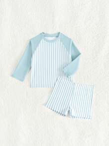 SHEIN 2pcs/Set Baby Boys Swimsuit, Fashionable Casual Striped Long Sleeve Top And Swim Trunks