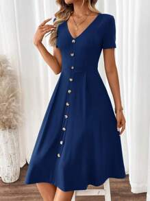 SHEIN Clasi 女士优雅 V 领短袖绿色 A 字连衣裙 - 藏蓝色 - 查看 3