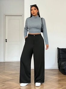 SHEIN EZwear Pantaloni casual larghi a vita alta in nero, taglia comoda, per donna, adatti per l'autunno/inverno - nero - Visualizzare 7