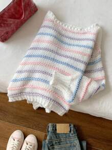 SHEIN EZwear Damen Off-Shoulder gestreifter Pullover, einfach und modisch, geeignet für Frühling und Herbst