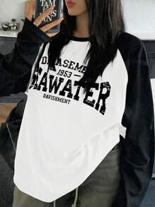 INAWLY Plus Size Women's Casual Contrast Color Letter Print Loose Fit Long Sleeve T-Shirt, Spring & Summer Graphic Tees Women Tops For Spring Fall For Women - Black and White - View 5