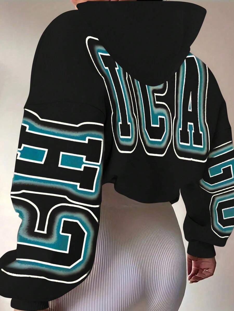 SHEIN Essnce بلوزة هودي بطباعة حرفية كاجوال مقاس كبير ، خريف