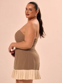 MUSERA Plus Size Drop Waist Pleated Bandeau Mini Dress Outfit For Occasion, Wedding Guest, Break, Races, Formal, Elegant , Holiday Flowy, Versatile - Khaki - View 2